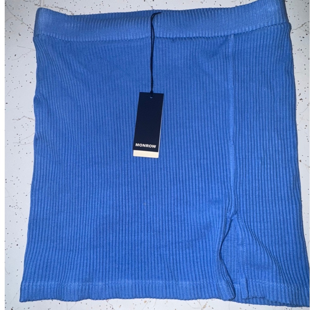 Monrow Rib Shirred Mini Skirt Sky Blue Knit Slit- See photo for measurements